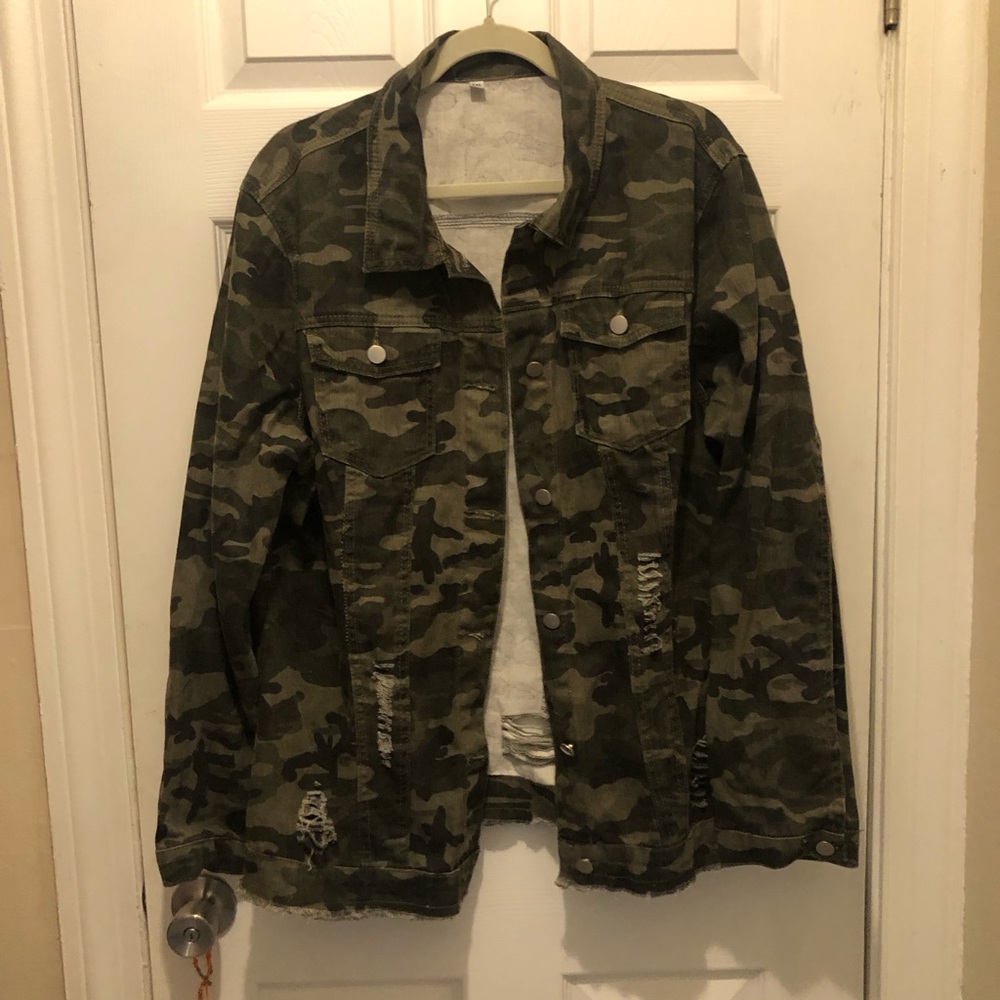 Camo Distressed Denim Jacket - Olive Green